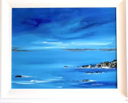 An original seascape painting that captures the calm, clear tranquility of blue and the effects of the open expanse of the ocean.